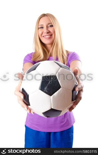 Woman playing football on white