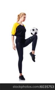 Woman playing football on white