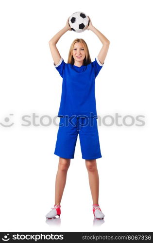 Woman playing football on white