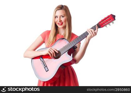 Woman playing guitar isolated on white
