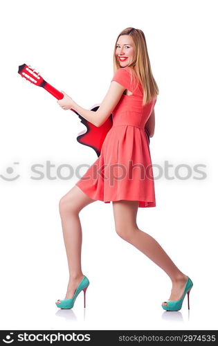 Woman playing guitar isolated on white