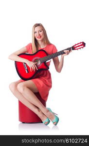 Woman playing guitar isolated on white