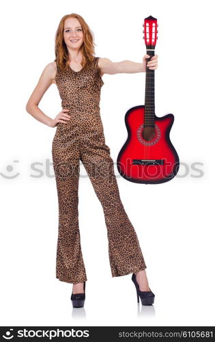 Woman playing guitar isolated on white