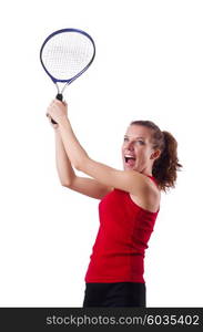 Woman playing tennis on white