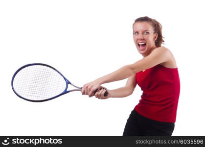 Woman playing tennis on white