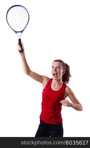 Woman playing tennis on white