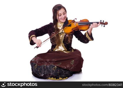 Woman playing violin on white