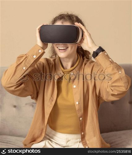 woman playing virtual reality headset 2
