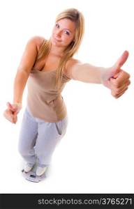 Woman plus size large happy girl with weight scale celebrating weightloss progress after diet, thumb up gesture ok sign, she lost some weight. Healthy lifestyles concept