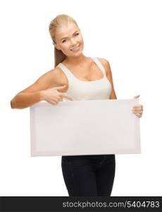 woman pointing her finger at white blank board
