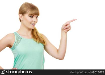 Woman pointing or touching with index finger . Woman blonde casual style girl pointing or touching with index fingers at something isolated on white