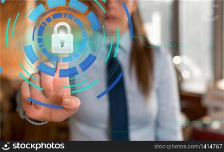 woman pointing screen touching lock security icon connection office device. Business woman pointing and touching the screen with a lock security and circular bars around the icon with connections. Office technological devices concept.
