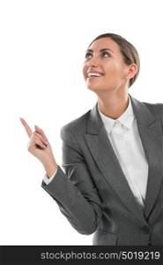 Woman pointing upwards having a business idea - isolated over a white background