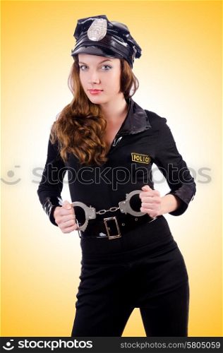 Woman police with handcuffs on white