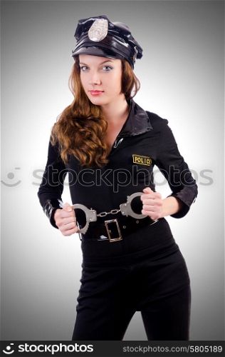 Woman police with handcuffs on white