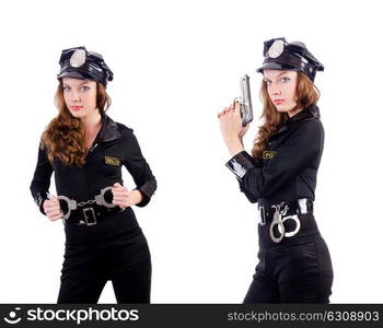 Woman police with handcuffs on white