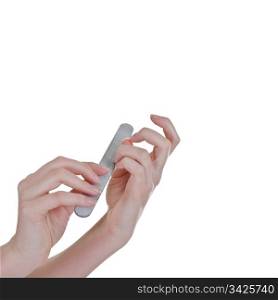 Woman polishing fingernails using the nail file, isolated over white - square