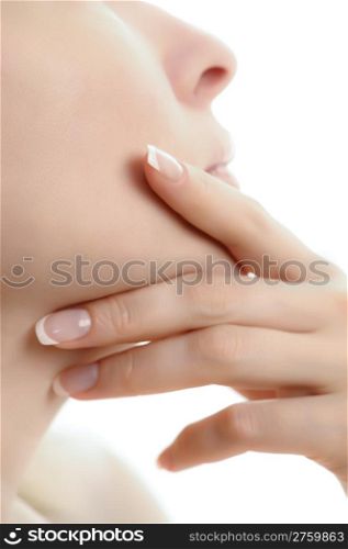 Woman portrait, close-up, white background