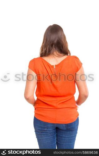 Woman posing with her back faced to camera, isolated over copy space background