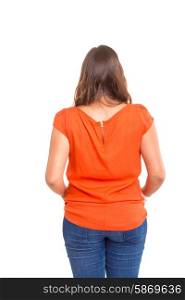 Woman posing with her back faced to camera, isolated over copy space background