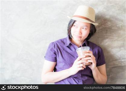 Woman post in coffee shop, stock photo