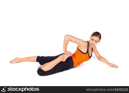 Woman practicing first stage of yoga exercise called Frog Pose, sanskrit name: Bhekasana, this pose toned up muscles of the thigh and calf, stretching quadriceps and iliopsoas, strengthen arms, isolated on white