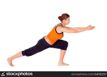 Woman practicing first stage of yoga exercise called Warrior Pose 3, sanskrit name: Virabhadrasana III, isolated on white