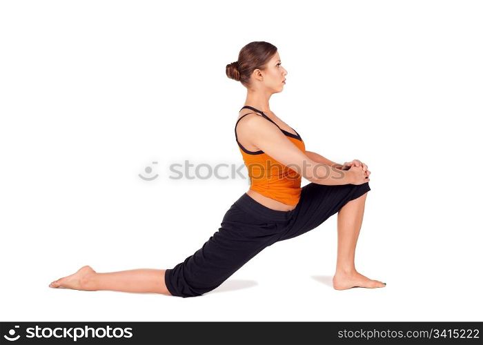 Woman practicing first stage of yoga pose called Crescent Lunge, sanskrit name: Anjaneyasana, this posture stretches the thighs, hamstrings, groins, hip, isolated on white