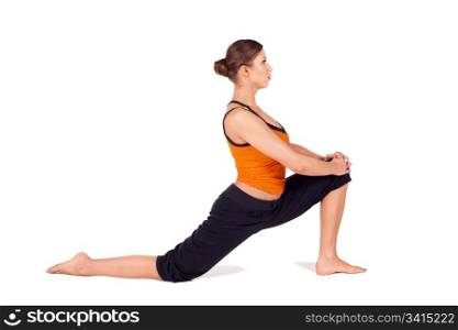 Woman practicing first stage of yoga pose called Crescent Lunge, sanskrit name: Anjaneyasana, this posture stretches the thighs, hamstrings, groins, hip, isolated on white
