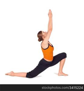 Woman practicing yoga exercise called Crescent Lunge, sanskrit name: Anjaneyasana, this pose stretches the thighs, hamstrings, groins, hip, isolated on white