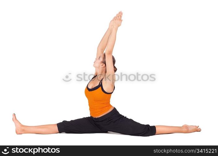Woman practicing yoga exercise called Monkey God Pose, sanskrit name: hanumanasana, this pose stretches the thighs, hamstrings, groins, hip flexors and lower back muscles, stimulates the abdominal organs, isolated on white