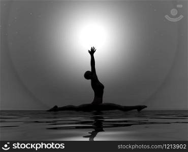 Woman practicing yoga under light by dark night