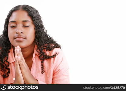 woman praying isolated on a white background.