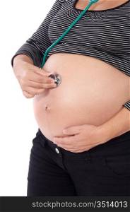 Woman pregnant with stethoscope a over white background