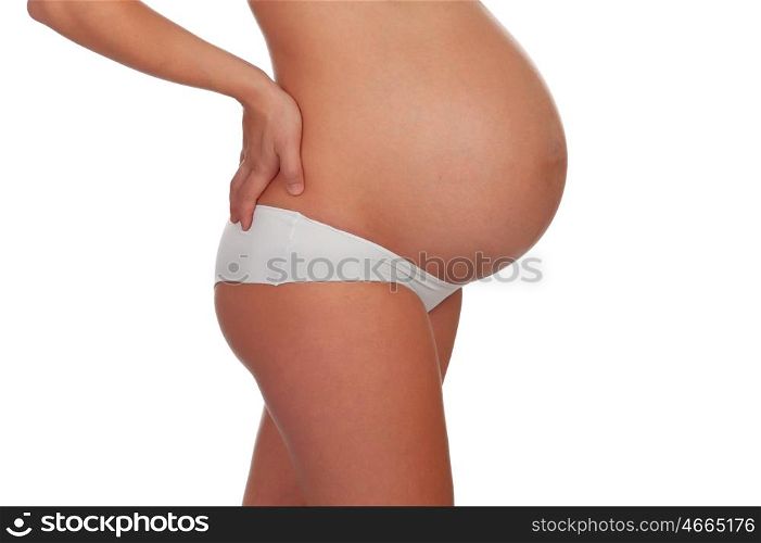 Woman pregnant wome with typical kidney pains isolated on a white background