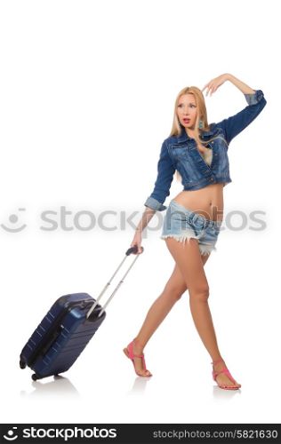 Woman preparing for long travel isolated on white