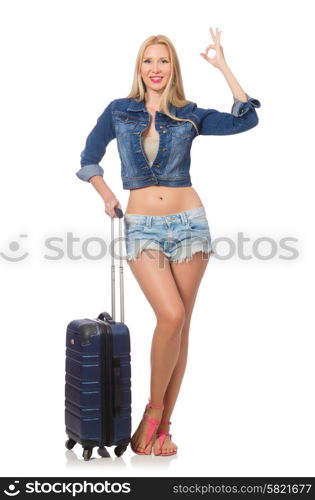 Woman preparing for long travel isolated on white