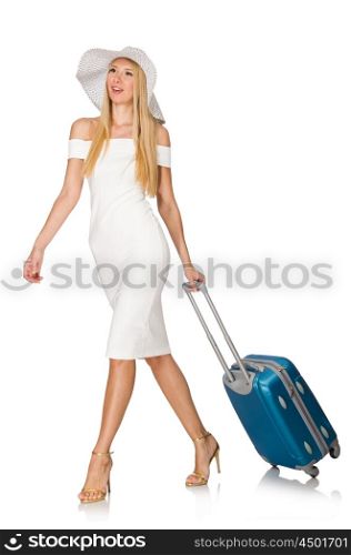 Woman preparing for summer vacation isolated on white