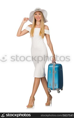 Woman preparing for summer vacation isolated on white
