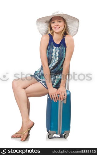 Woman preparing for summer vacation on white