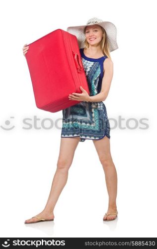 Woman preparing for summer vacation on white