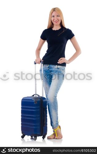 Woman preparing for vacation on white