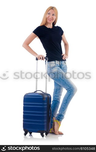 Woman preparing for vacation on white