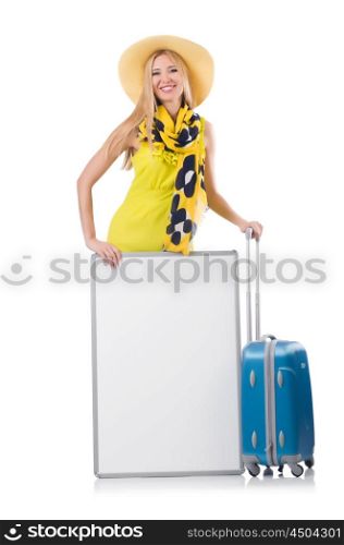 Woman preparing for vacation with suitcase and blank board isolated on white