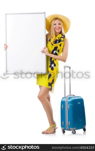 Woman preparing for vacation with suitcase and blank board isolated on white