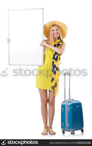 Woman preparing for vacation with suitcase and blank board isolated on white