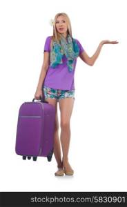 Woman preparing for vacation with suitcase holding hands isolated on white