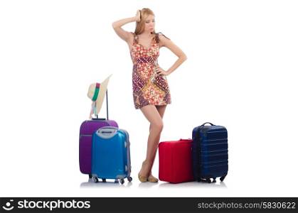 Woman preparing for vacation with suitcase isolated on white
