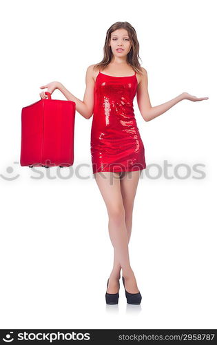 Woman preparing for vacation with suitcase on white