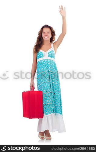 Woman preparing for vacation with suitcase on white